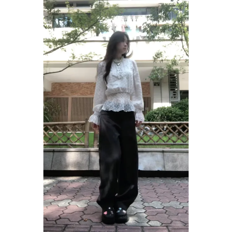 MARIE.COCO法式纯欲高级感重工蕾丝衫衬衫上衣时尚直筒休闲裤套装
