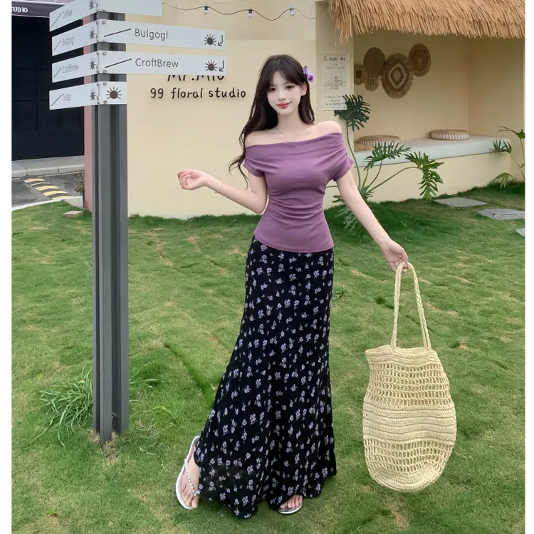 字肩修身显瘦胖mm短袖T恤高腰碎花半身裙2025夏季时尚套装