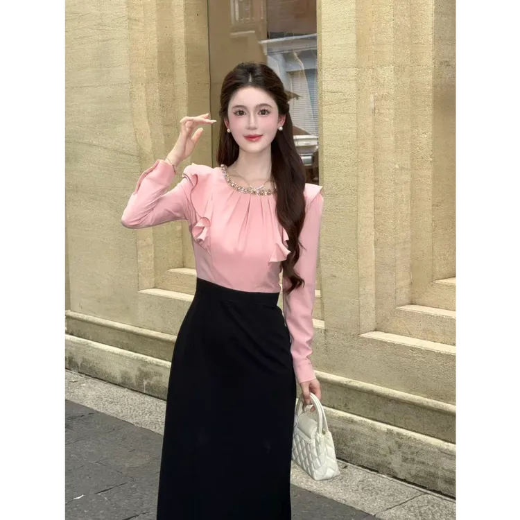 【古早千金】LiLi李李小香风高级感甜美粉拼黑收腰连衣裙 XMZH8789