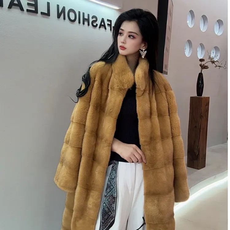 【海梦缘】时尚大气长款女神横排水貂皮草外套