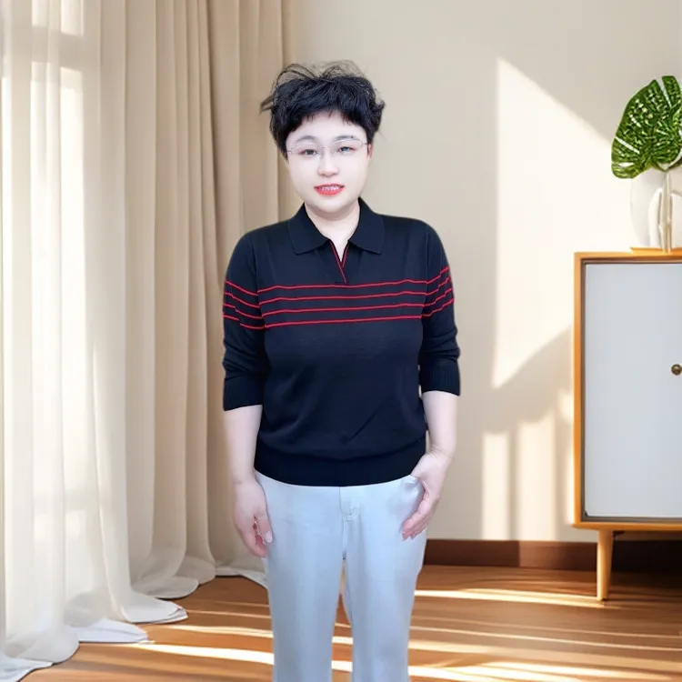 【高档条纹长袖】秋季女士针织长袖（25311）春秋时尚中年翻领妈妈装
