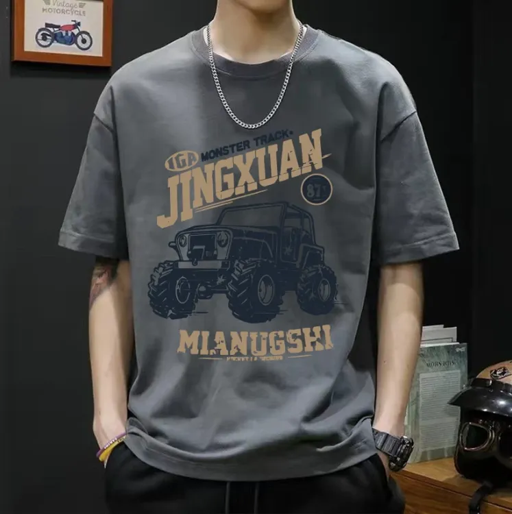 夏季潮牌重磅100%纯棉男士短袖T恤美式印花宽松圆领半袖大码上衣