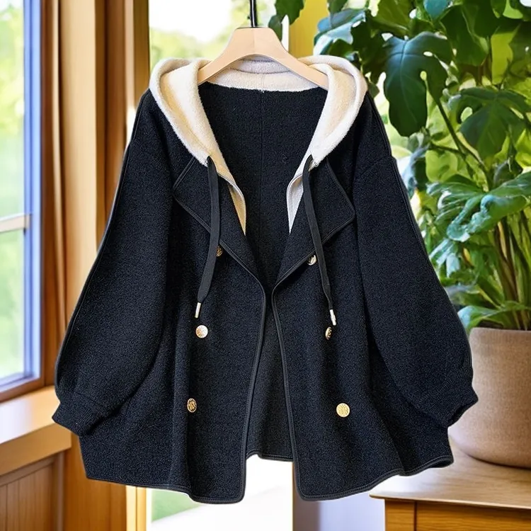 双面新款两件连帽毛呢外套大码时尚秋冬气质显瘦开衫呢子大衣女装