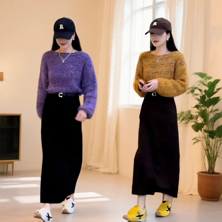 2025秋季新款设计感轻熟风气质长袖针织圆领上衣女搭半身裙两件套