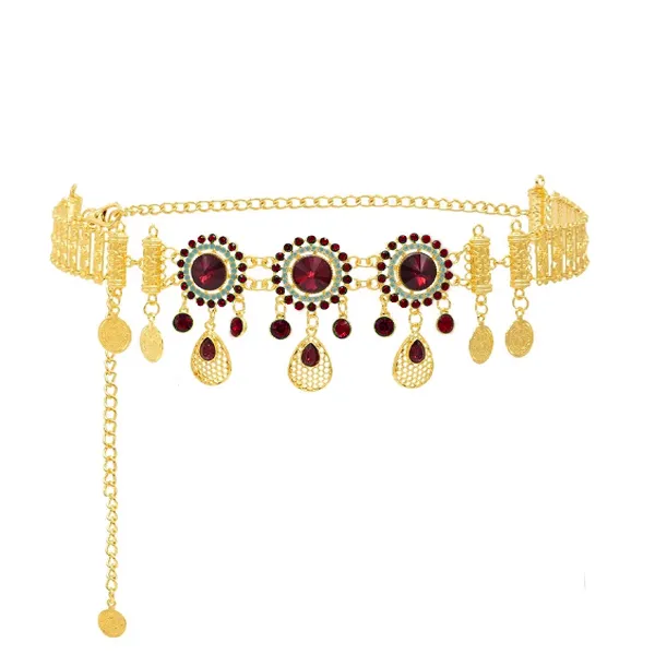 《金色红水钻腰带》新疆舞蹈时尚配饰重工爪镶水钻时尚百搭腰带