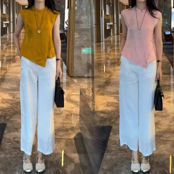 新中式国风套装女夏季新款洋气质不规则无袖盘扣上衣阔腿裤两件套