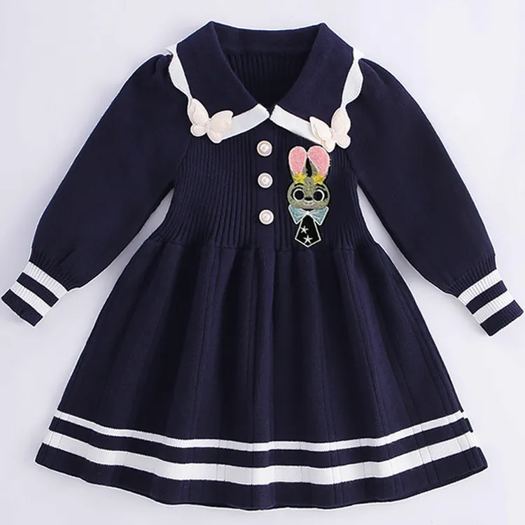 女童秋冬连衣裙兔子警官长袖毛衣裙2025新款女宝中长款高档学院风