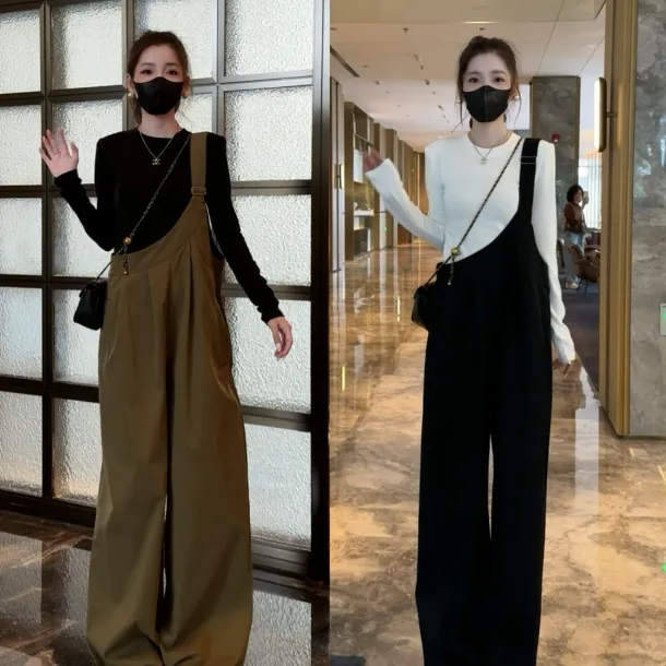 2025宽松显瘦时尚背带裤显瘦连体裤+长袖T恤两件套套装