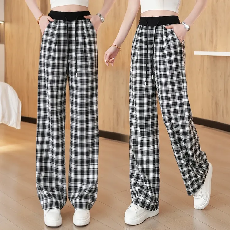 黑色格子阔腿裤女夏2025新款高腰直筒垂感宽松慵懒百搭休闲裤子