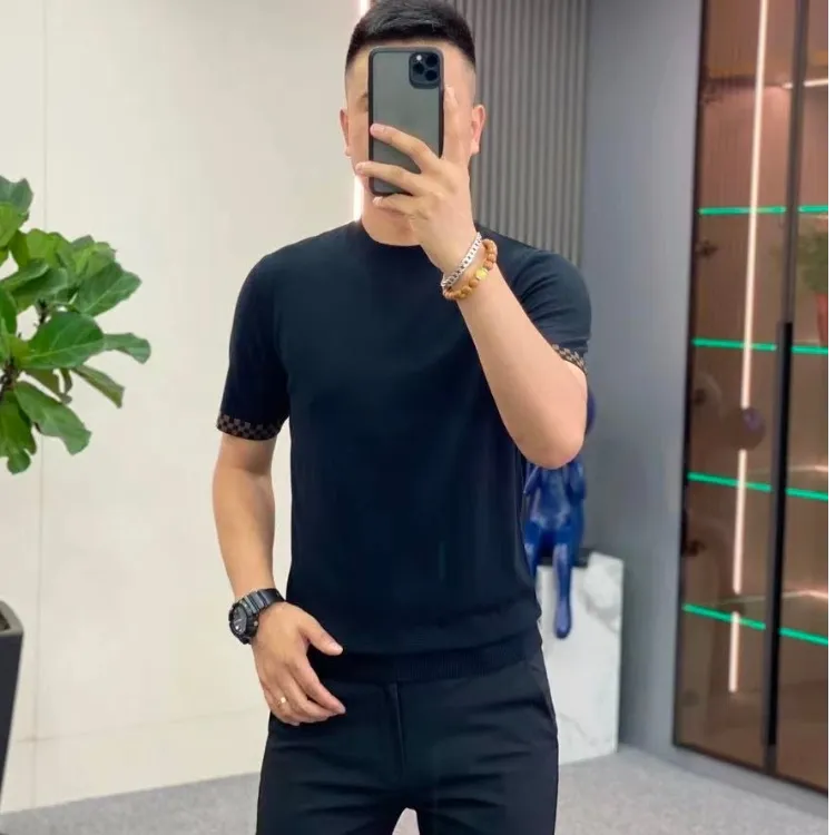 商务休闲针织短袖男士秋季新款圆领套头简约时尚百搭纯色修身t恤