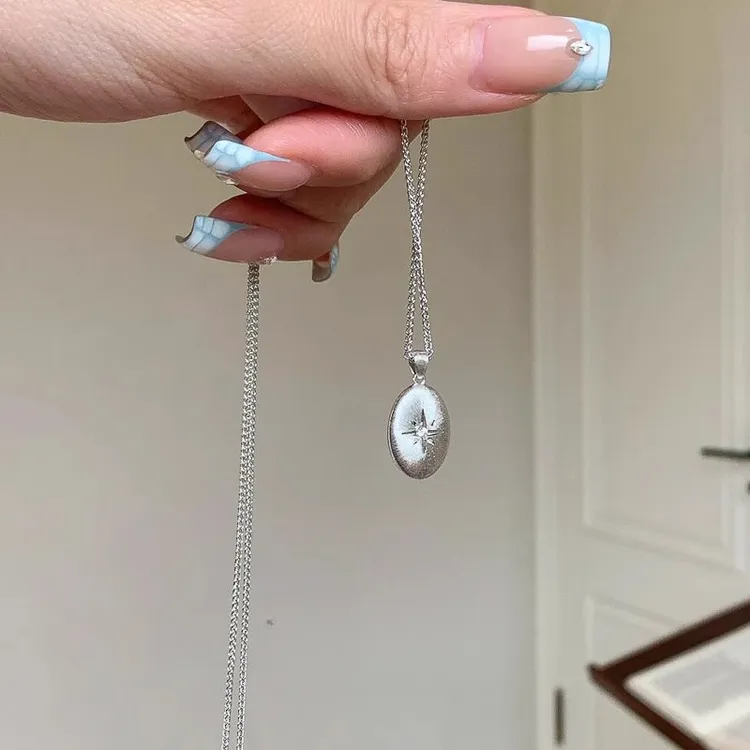 钛钢项链 “八芒星咖啡豆”点钻拉丝吊坠项链女中古风锁骨链配饰