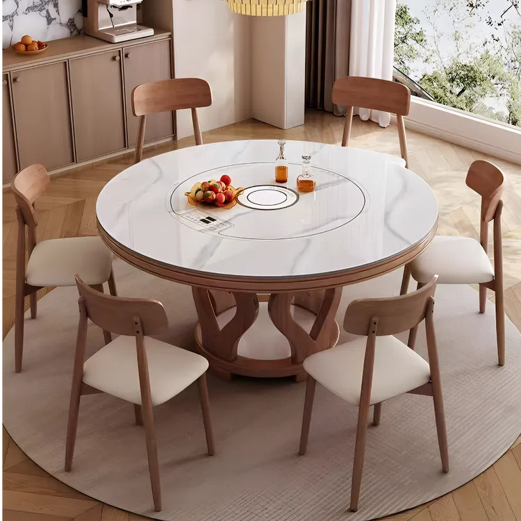 岩板实木组合现代简约家用圆形餐桌椅2025最新款高级感轻奢