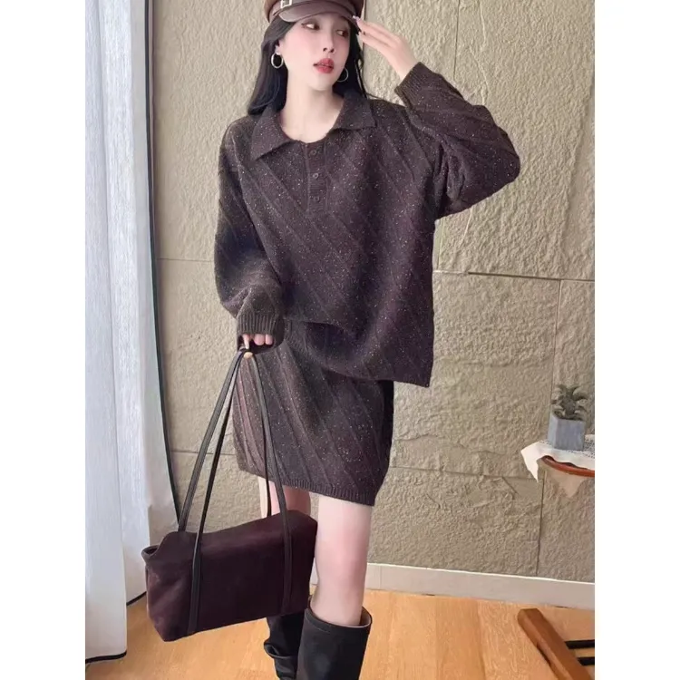 法式休闲斜纹针织衫半裙套装女秋冬polo领毛衣高腰短裙两件套