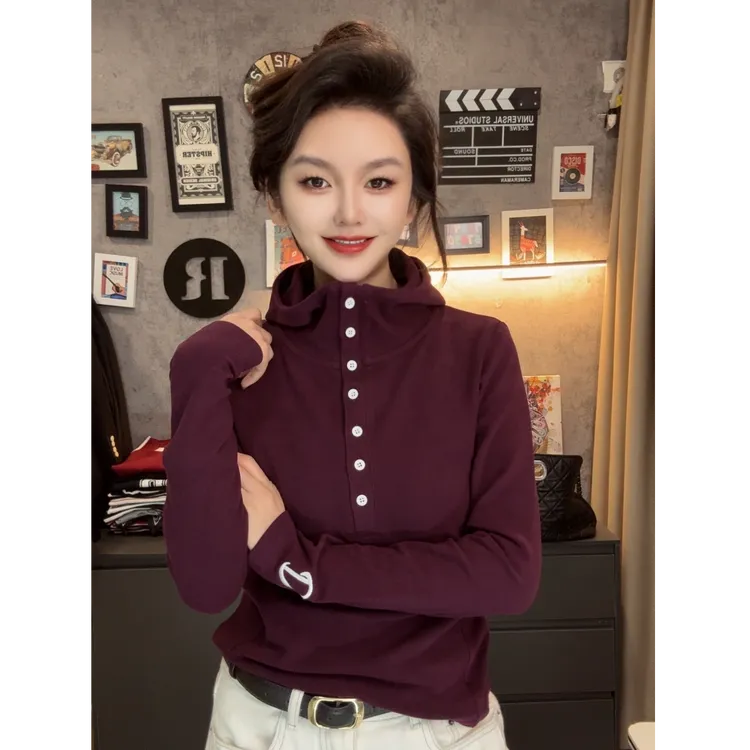 双面德绒连帽半开扣长袖T恤女修身显瘦百搭气质上衣