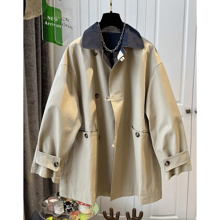 5290高级感法式复古撞色风衣外套中长款小个子宽松上衣女春装新款