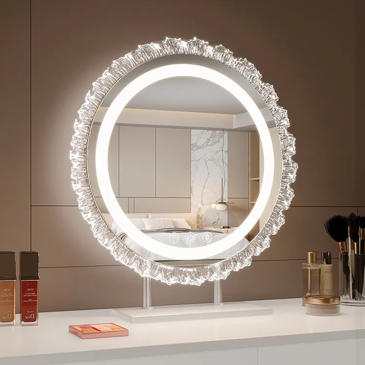 水晶化妆镜带灯led异形台式桌面镜子卧室旋转梳妆台智能美妆少女