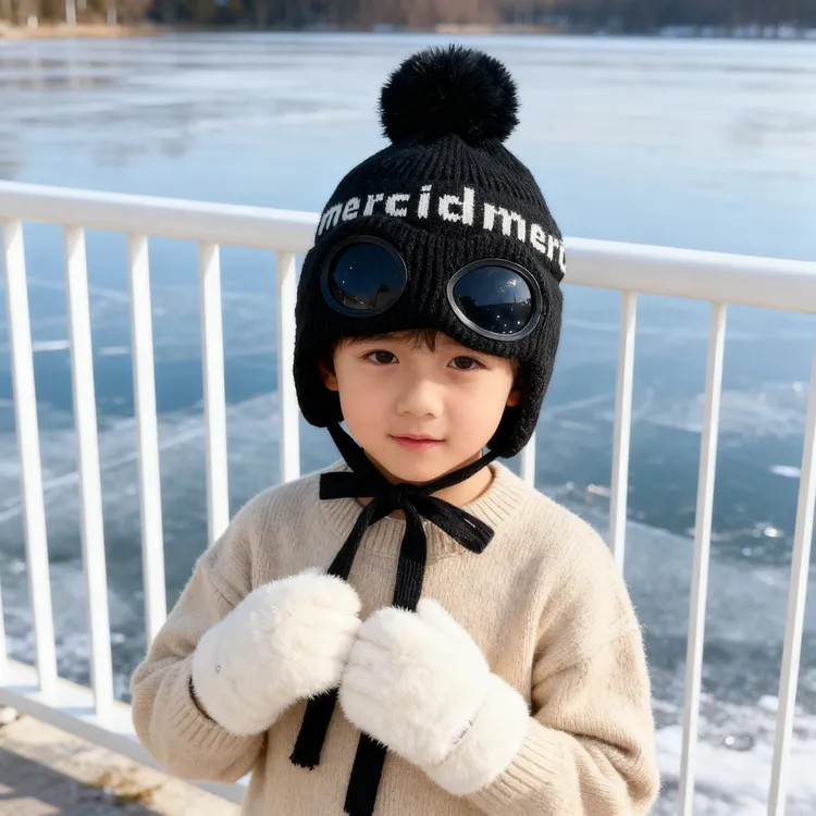 儿童帽子秋冬季保暖加厚针织套头帽男女宝宝带眼镜飞行滑雪毛线帽