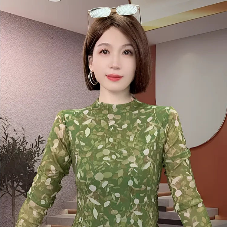 半高领长袖t恤女2025秋冬新款碎花印花网纱上衣紧身内搭打底衫潮t