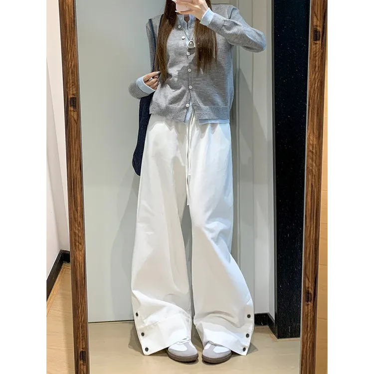 2025新款开衩裤脚阔腿裤女高腰秋季高腰宽松慵懒松紧腰休闲工装裤