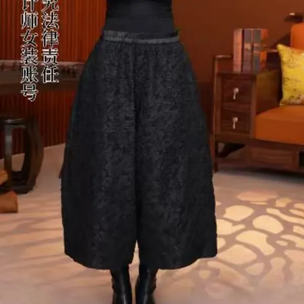 【红熹潮102/黑色】秋季时尚休闲百搭向阳花浮雕高腰宽松洋气花苞裤