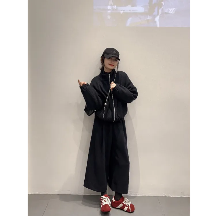 秋冬时尚新款韩系通勤慵懒风气质显瘦拉链上衣休闲裤子小众女装