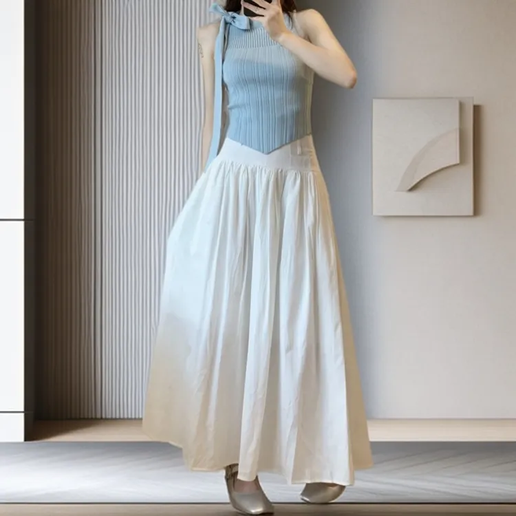 无袖针织背心辣妹上衣半身裙两件套甜美清新系带蝴蝶结高腰长款