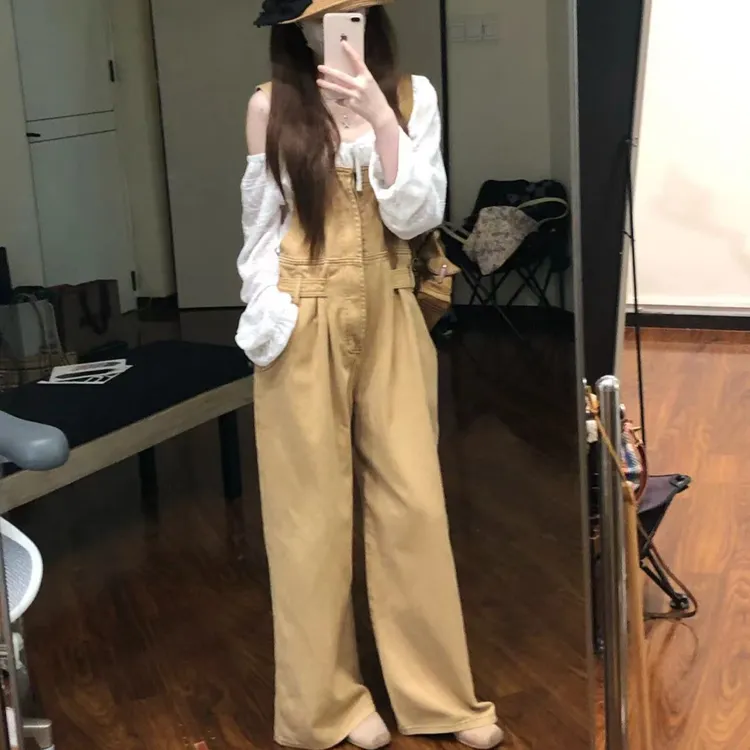 【私服背带裤】重工脏染水洗休闲美式阔腿裤+软糯松弛卷边长袖上衣