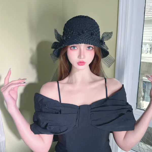 CREAMPP 原创春夏森系精灵花骨朵蕾丝叶子蝴蝶结头纱钩织镂空盆帽