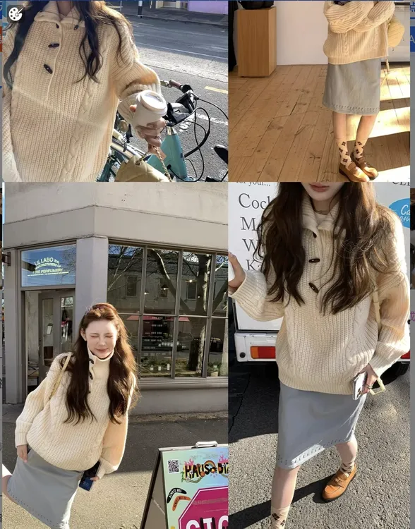 济州橙酒 麻花针织毛衣女秋冬套头纽扣高领休闲韩系慵懒宽松上衣