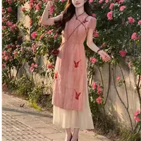 589-6#新中式国风改良旗袍连衣裙女装2025夏新款假两件气质收腰裙