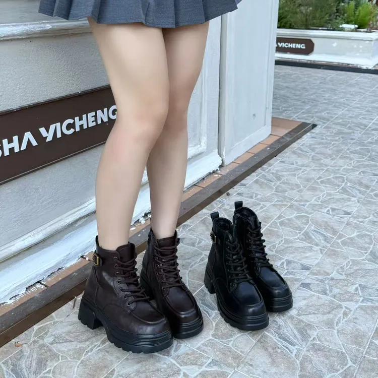 PUBGO/千喜步步高秋季百搭中筒侧拉链休闲英伦风厚底增高马丁靴