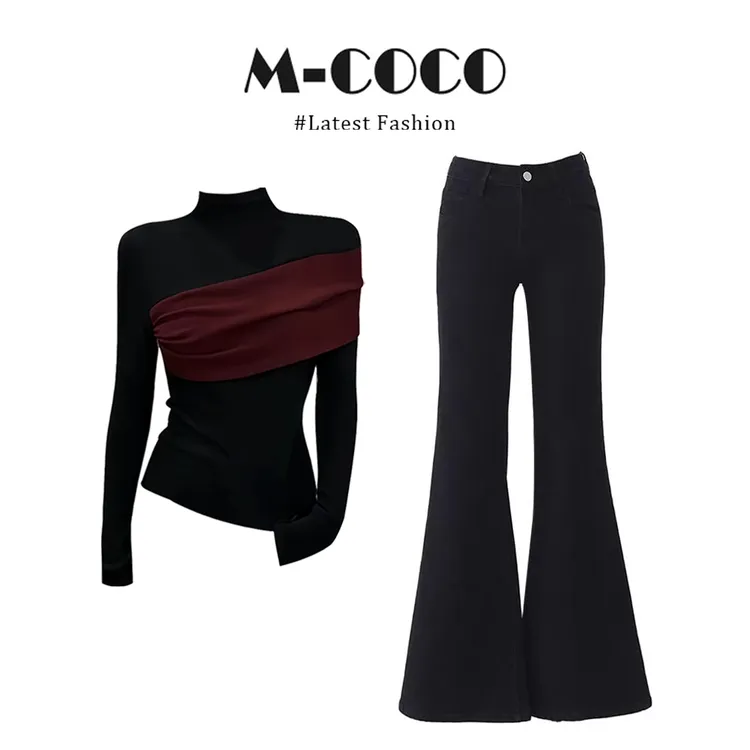 MARIE.COCO御姐风撞色拼接不规则打底衫套头上衣微喇裤显瘦两件套