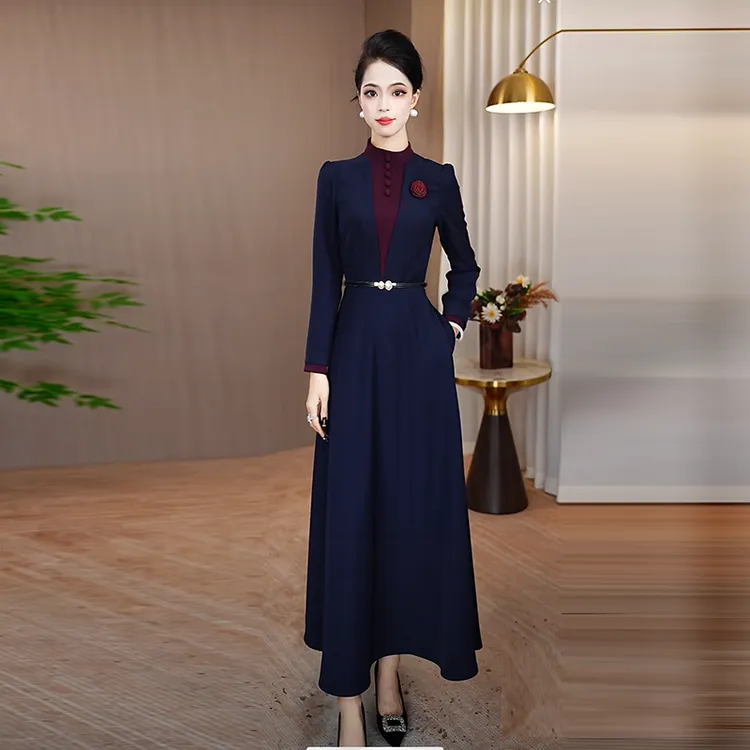 藏蓝色拼接连衣裙女2025秋新款修身显瘦气质裙子优雅时尚长袖长裙