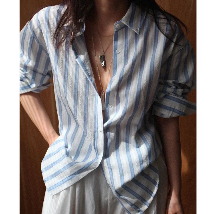 新款色织提花蓝白小众条纹衬衫女宽松慵懒风上衣休闲百搭女