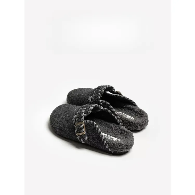 三福新款厚底加绒加厚勃肯鞋女2025年冬季外穿毛呢保暖毛毛棉拖鞋