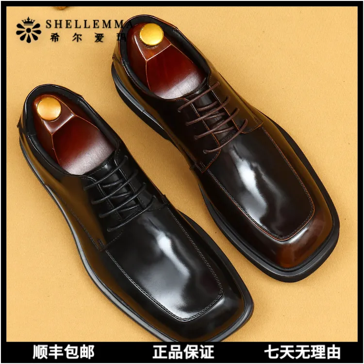 希尔爱玛大头休闲皮鞋男正装商务真皮奢侈品男鞋方头结婚亮面皮鞋