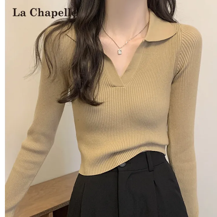 拉夏贝尔修身内搭polo领秋冬韩版小众百搭显瘦针织衫打底毛衣上衣