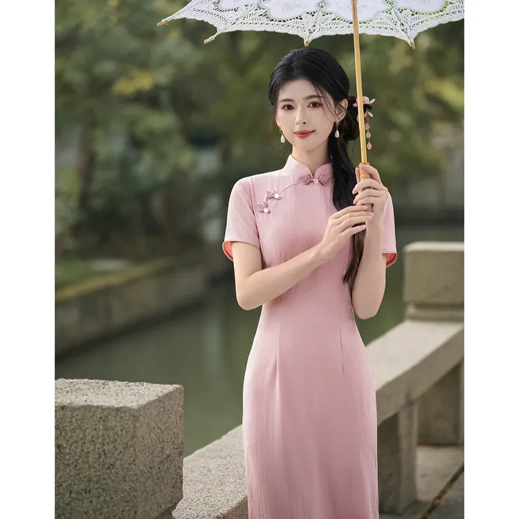年轻款少女粉色短袖旗袍民国大小姐2025夏季新款日常文艺风连衣裙
