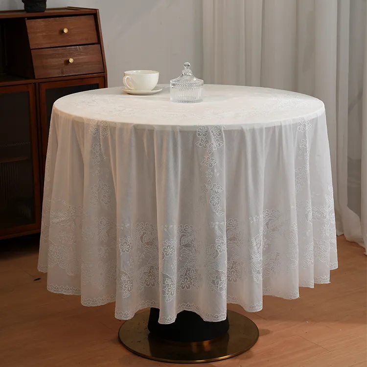 纯白干净小圆桌布防水防烫防滑无气味易清理PVC蕾丝桌布