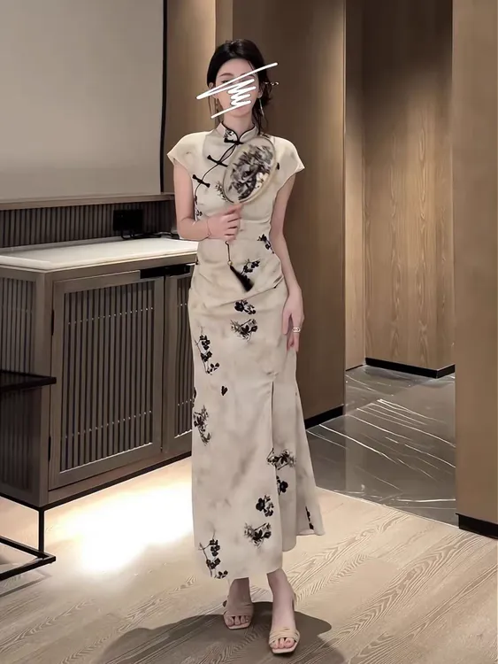 花纹立领高开衩新中式圆领旗袍显瘦修身中国风裙子少女风