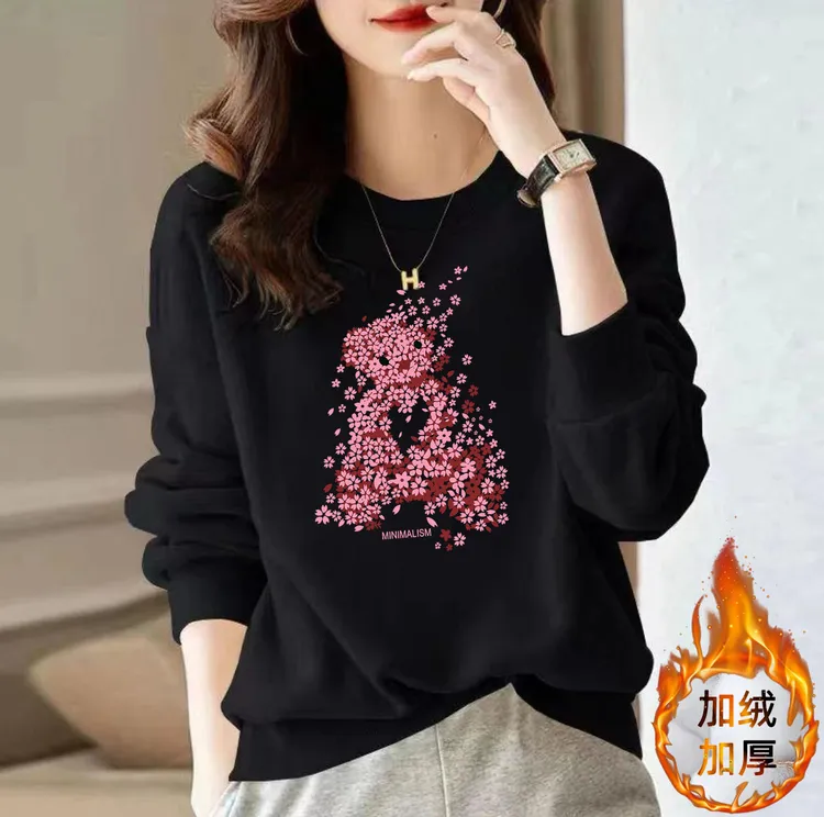 时尚加绒加厚印花潮流卡通圆领卫衣-樱花熊