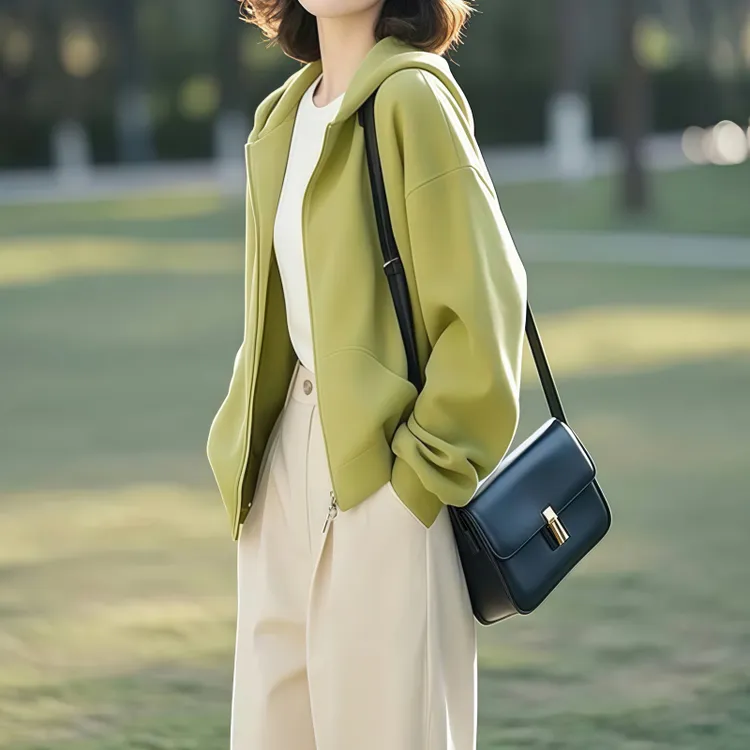 素订女装原创设计高级小众绿色外套（配白T）+高腰宽松休闲裤两件套