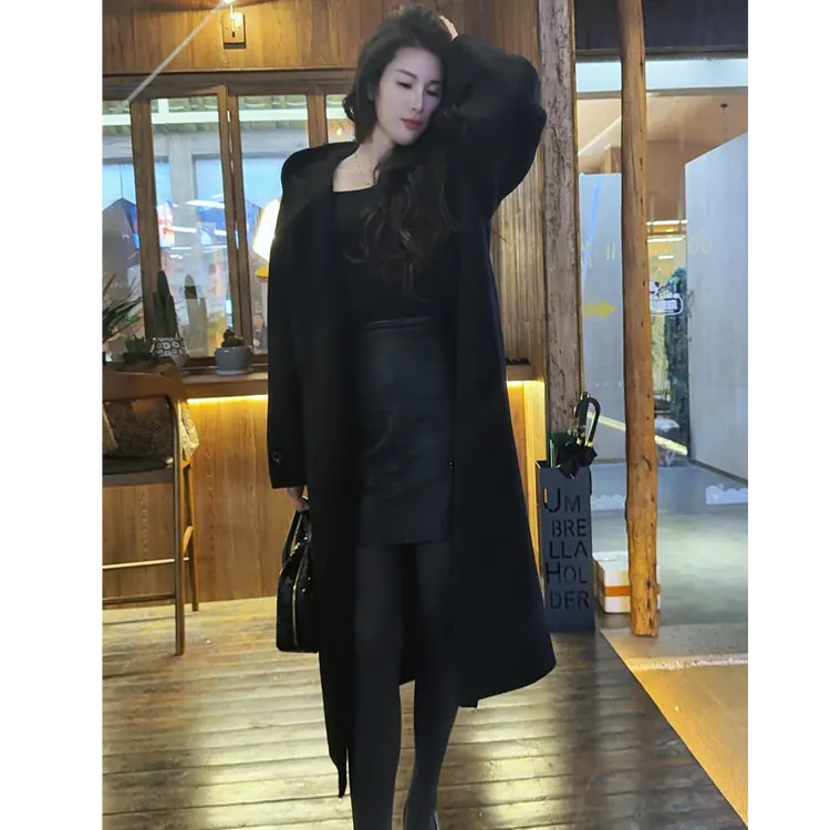 钥钥家欧韩女装长款女中长款冬季轻职风毛呢外套过膝韩版气质女装