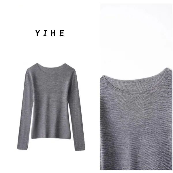 YIHE/扬子纱“100羊毛”一字肩/鱼骨纹纯色百搭套头长袖圆领打底衫