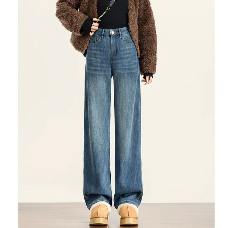 复古加绒加厚窄版阔腿牛仔裤女2025秋冬高腰显瘦小个子直筒拖地裤