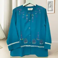 C130宽松型直筒型民族风中老年女装汉服衬衫蓝色民族服