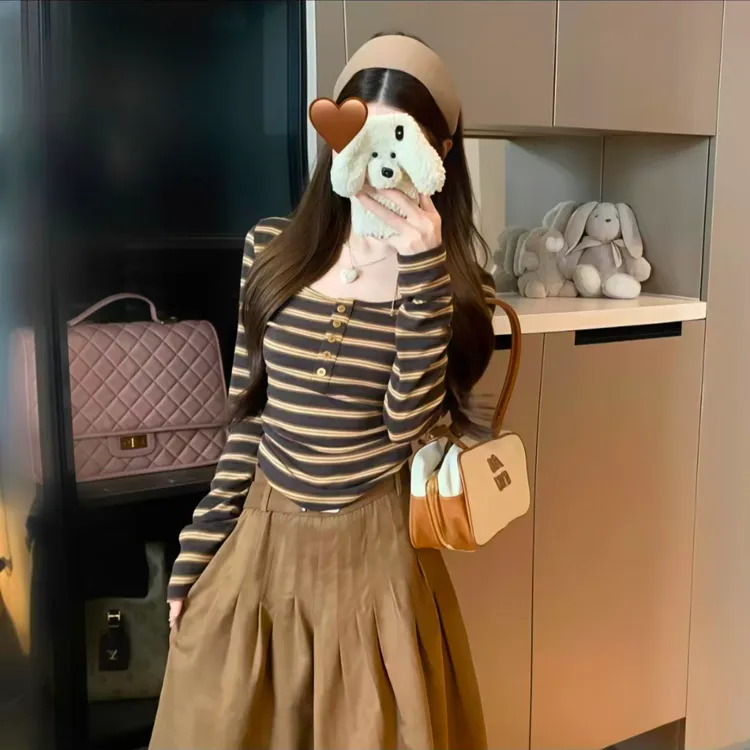 复古撞色条纹吊带长袖T恤女秋季时尚不规则收腰显瘦打底上衣8287