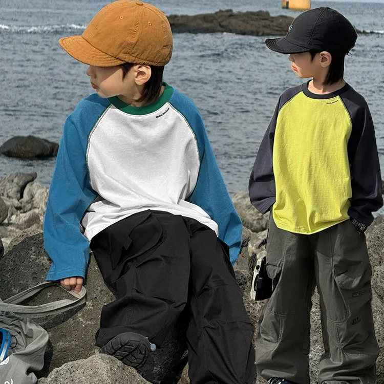 「无骨撞色T」纯棉A类字母涂鸦无骨拼色插肩袖T恤打底衫