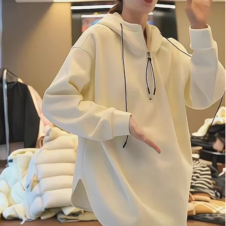 设计感半拉链连帽加绒卫衣女2024秋冬新款休闲宽松中长款打底上衣