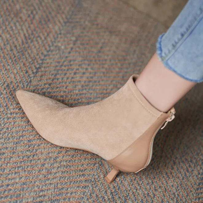 欧货尖头细跟短靴女高跟靴子法式小踝靴瘦瘦靴2025冬季新款及裸靴